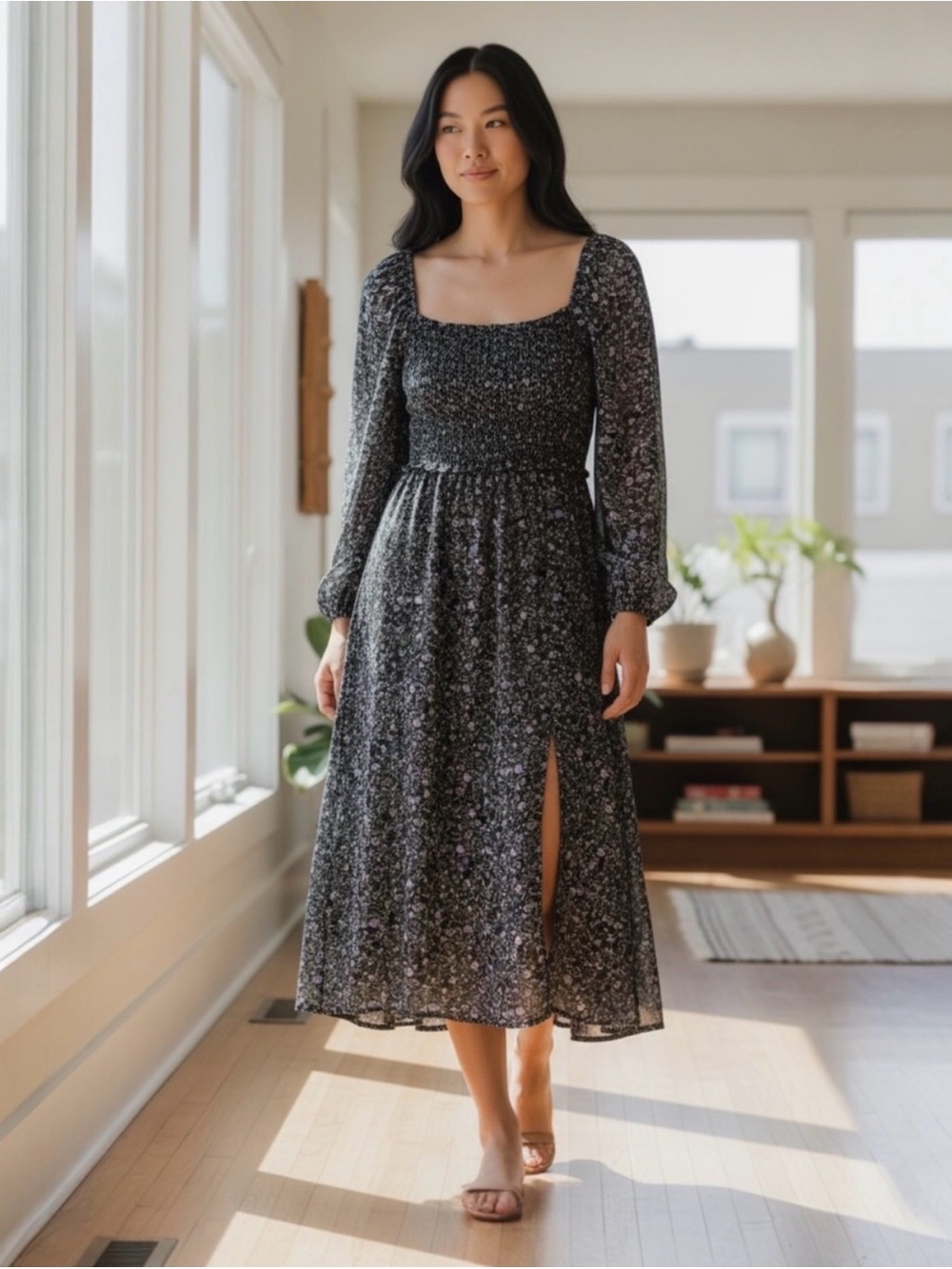 ASTR Smocked Square-Neck Midi Dress in Black Floral